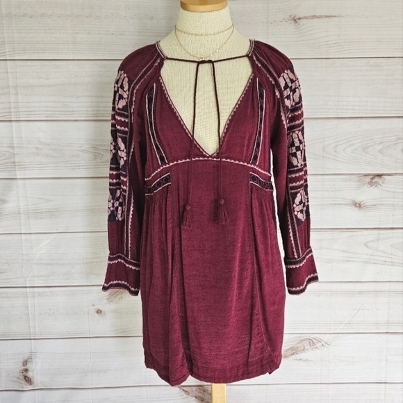 Free People All My Life Embroidered Mini Dress in Bugundy Wine Size Small - Picture 5 of 12